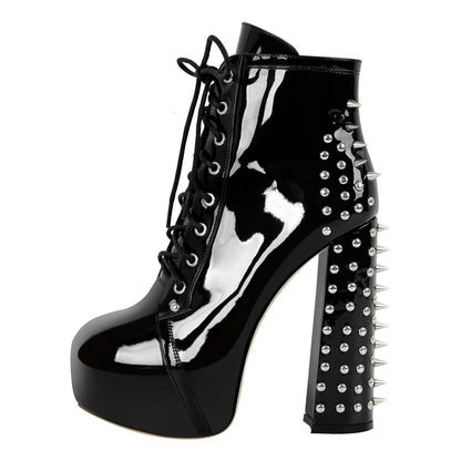 Rivet Platform Lace-up Chunky Heel Ankle Boots - Onlymaker Smart Buy