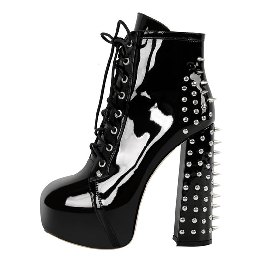Rivet Platform Lace-up Chunky Heel Ankle Boots - Onlymaker Smart Buy