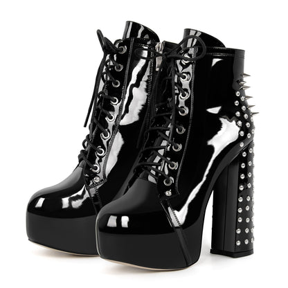 Rivet Platform Lace-up Chunky Heel Ankle Boots - Onlymaker Smart Buy