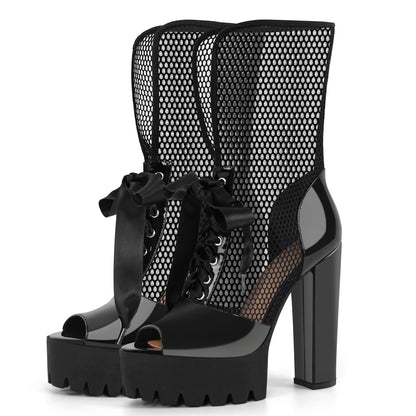 Peep Toe Mesh Platform Lace-up Boots Sandals - Onlymaker Special Offer