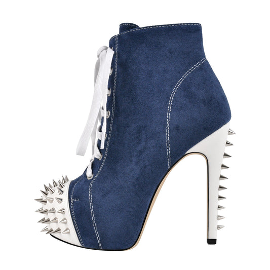Rivet Platform Suede Lace-up Stiletto Ankle Boots - Onlymaker Quality
