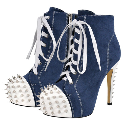 Rivet Platform Suede Lace-up Stiletto Ankle Boots - Onlymaker Quality