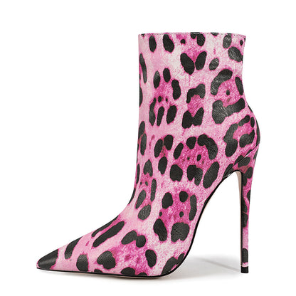 Pointed Toe Leopard High Heel Ankle Boots - Onlymaker Recommended