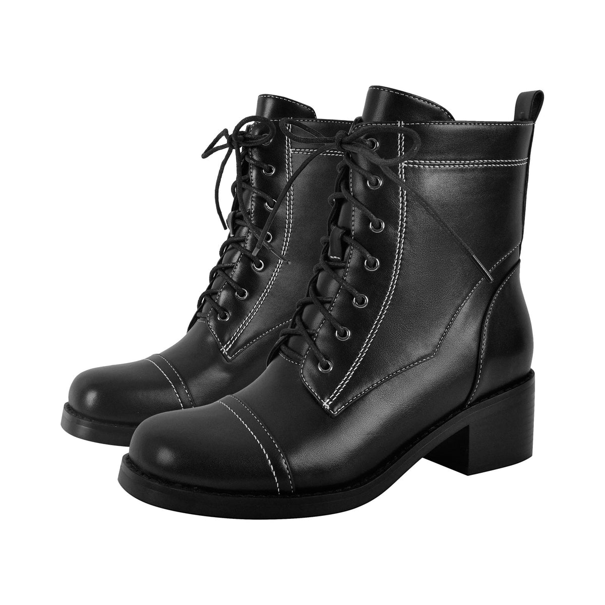 Square Toe Lace-up Chunky Heel Ankle Boots - Onlymaker Quality