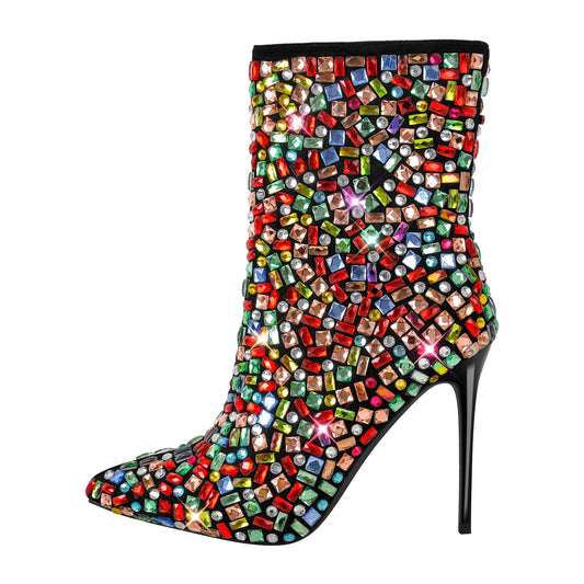 Pointed Toe Colorful Rhinestones Ankle Boots - Onlymaker Discount