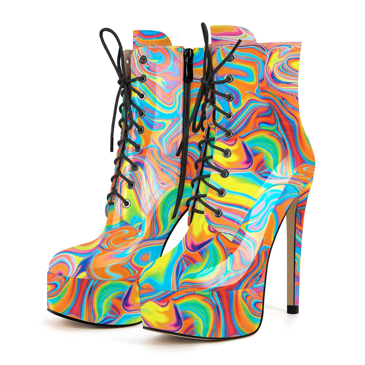 Platform Lace-up Stiletto Printed Ankle Boots - Onlymaker Deals