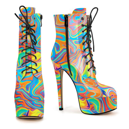 Platform Lace-up Stiletto Printed Ankle Boots - Onlymaker Deals