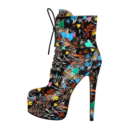 Platform Lace-up Stiletto Printed Ankle Boots - Onlymaker Deals