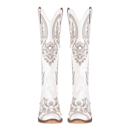 Embroidery Rhinestone Chunky Heel Knee High Boots - Onlymaker Hot Sale
