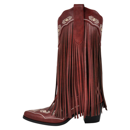 Pointed Toe Fringe Embroidery Knee High Western Boots - Onlymaker Smart Buy