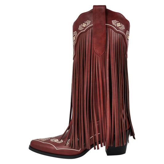 Pointed Toe Fringe Embroidery Knee High Western Boots - Onlymaker Smart Buy
