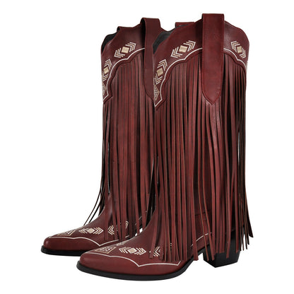 Pointed Toe Fringe Embroidery Knee High Western Boots - Onlymaker Smart Buy