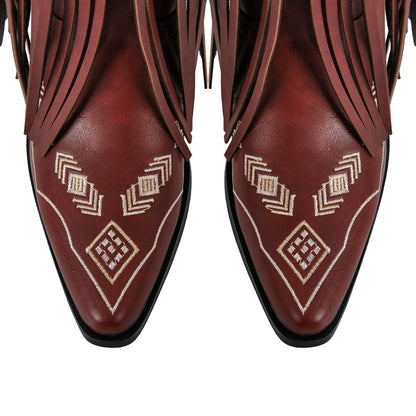 Pointed Toe Fringe Embroidery Knee High Western Boots - Onlymaker Smart Buy