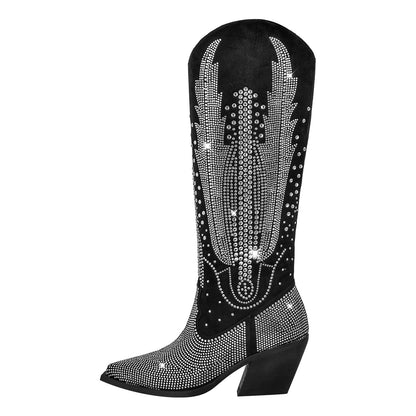 Rhinestone Zipper Black Western Boots - Onlymaker Exclusive