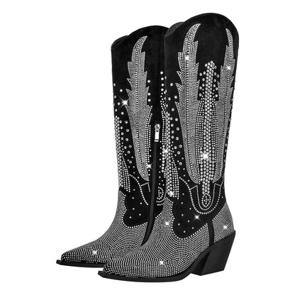 Rhinestone Zipper Black Western Boots - Onlymaker Exclusive