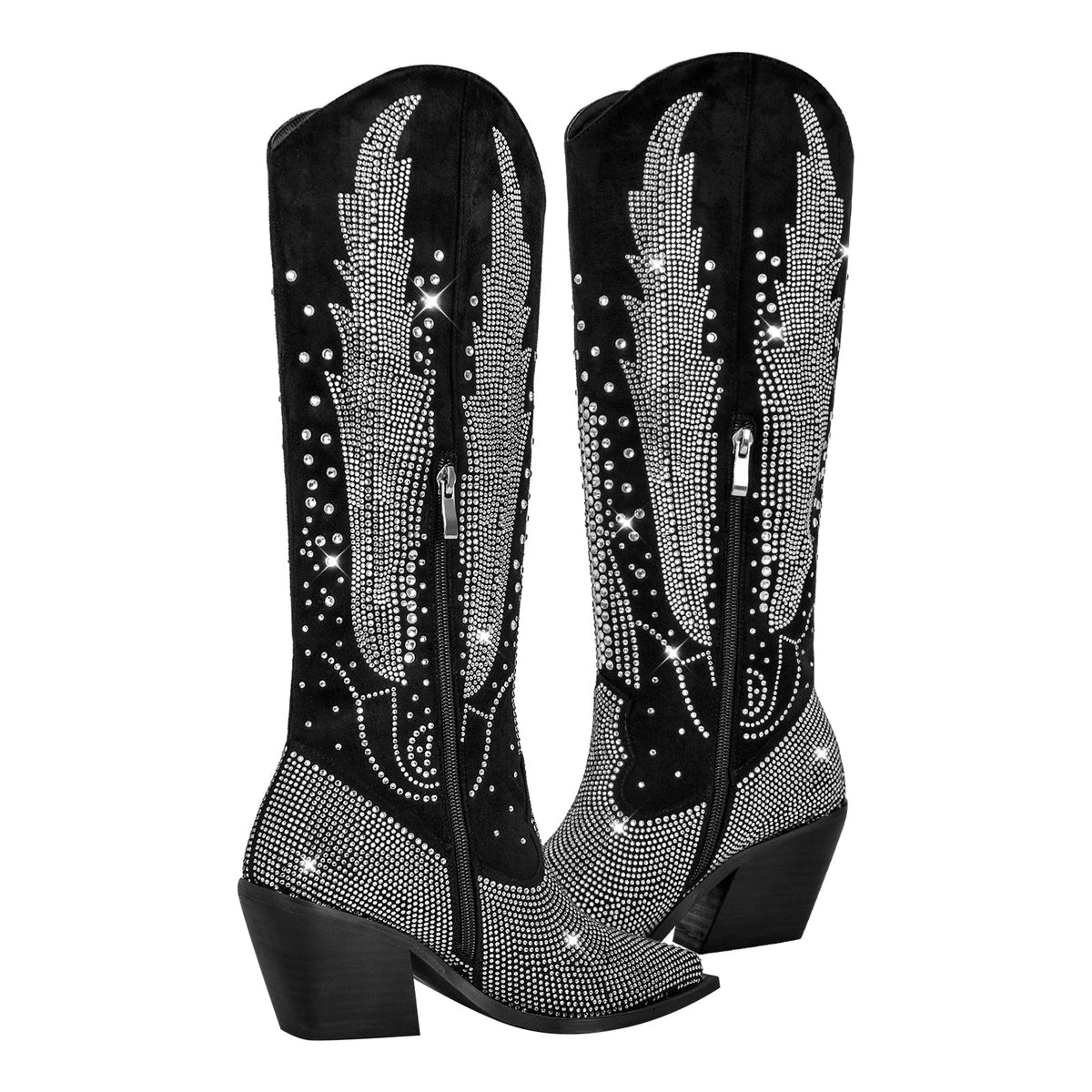Rhinestone Zipper Black Western Boots - Onlymaker Exclusive