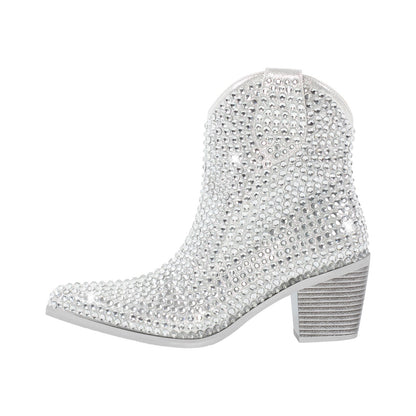 Rhinestone Pointed Toe Chunky Heel Ankle Boots - Onlymaker Latest