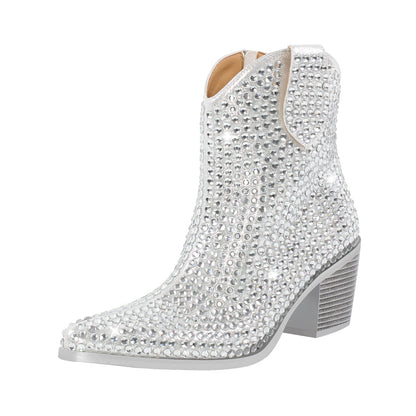 Rhinestone Pointed Toe Chunky Heel Ankle Boots - Onlymaker Latest