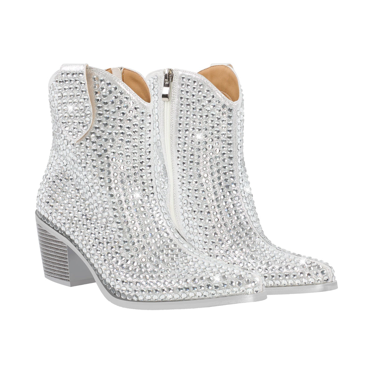 Rhinestone Pointed Toe Chunky Heel Ankle Boots - Onlymaker Latest
