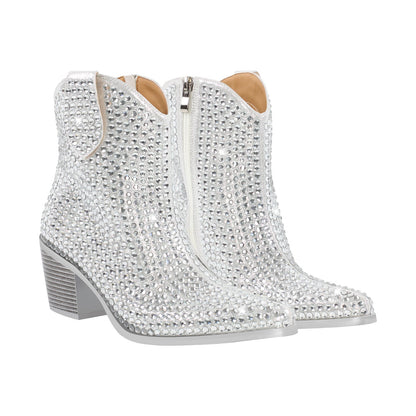 Rhinestone Pointed Toe Chunky Heel Ankle Boots - Onlymaker Latest
