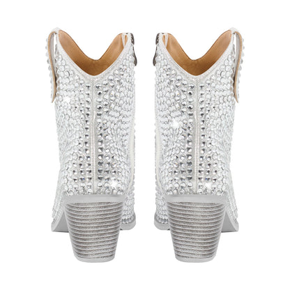 Rhinestone Pointed Toe Chunky Heel Ankle Boots - Onlymaker Latest