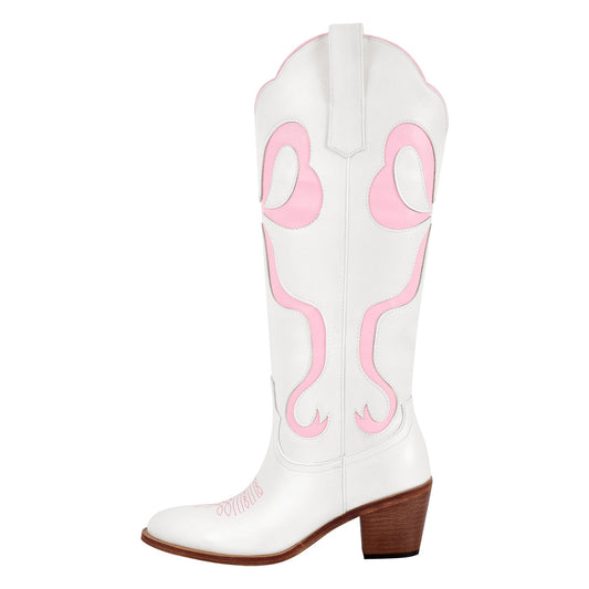 White Pointed Toe Pink Bow Knee High Western Boots - Onlymaker Quality