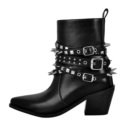 Chunky Heel Rivet Buckle Ankle Boots - Onlymaker Exclusive