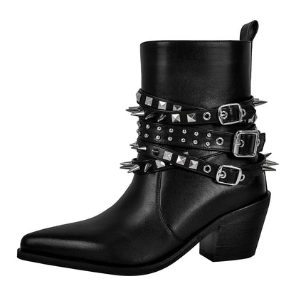 Chunky Heel Rivet Buckle Ankle Boots - Onlymaker Exclusive