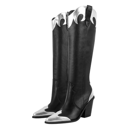 Pointed Toe Metallic Leather Trim Knee High Western Boots - Onlymaker Sale