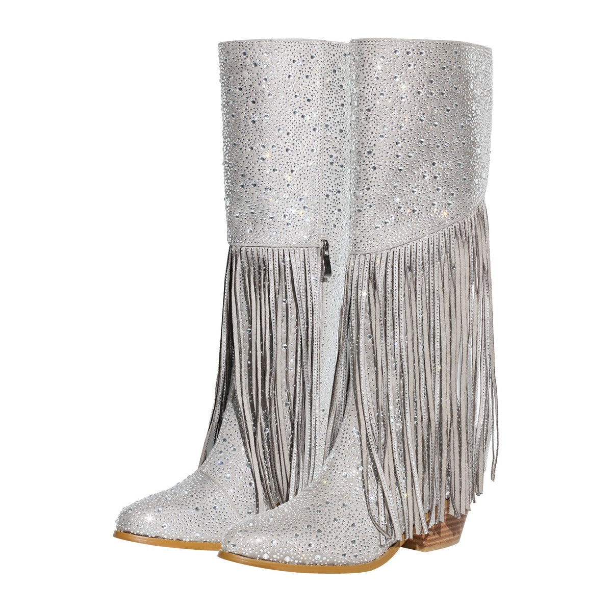 Chunky Heel Rhinestone Tassel Knee High Boots - Onlymaker Sale