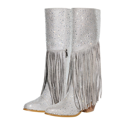 Chunky Heel Rhinestone Tassel Knee High Boots - Onlymaker Sale
