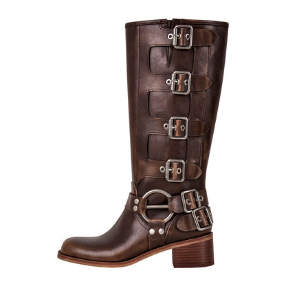 Round Toe Chunky Heel Buckle Strap Western Knee-High Boots - Onlymaker Great Value