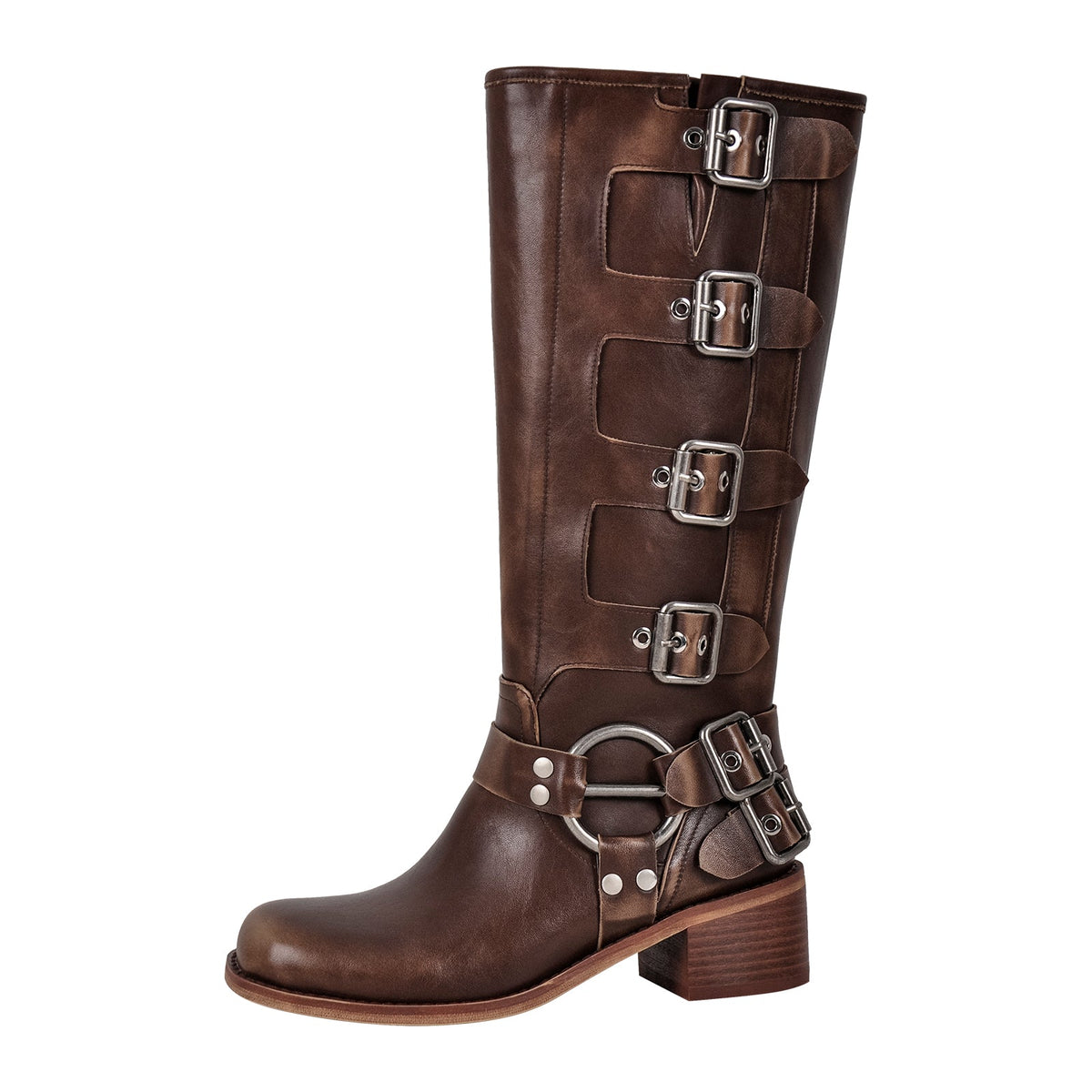 Round Toe Chunky Heel Buckle Strap Western Knee-High Boots - Onlymaker Great Value