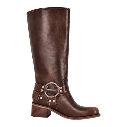Round Toe Chunky Heel Buckle Strap Western Knee-High Boots - Onlymaker Great Value
