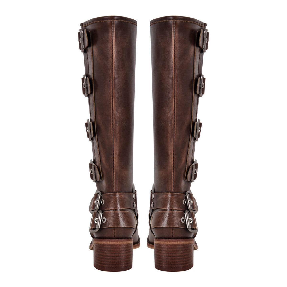 Round Toe Chunky Heel Buckle Strap Western Knee-High Boots - Onlymaker Great Value