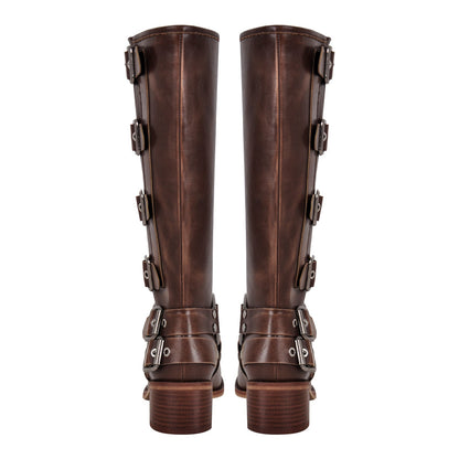 Round Toe Chunky Heel Buckle Strap Western Knee-High Boots - Onlymaker Great Value