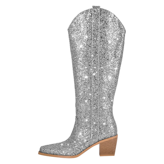Glitter Chunky Heel Thigh High Boots - Onlymaker Discount