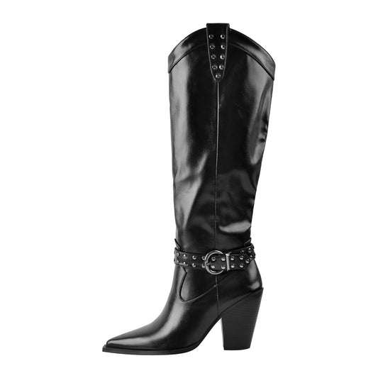 Black Pointed Toe Rivet Belt Cowboy Zipper Boots - Onlymaker Discount
