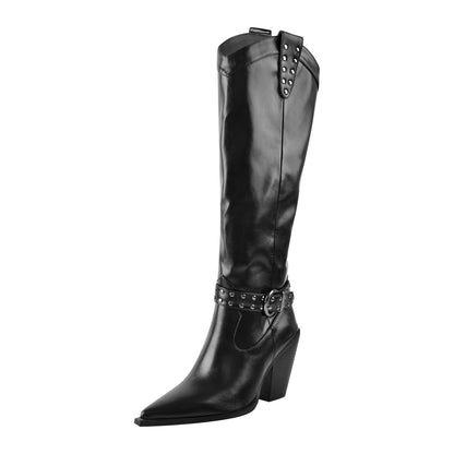 Black Pointed Toe Rivet Belt Cowboy Zipper Boots - Onlymaker Discount