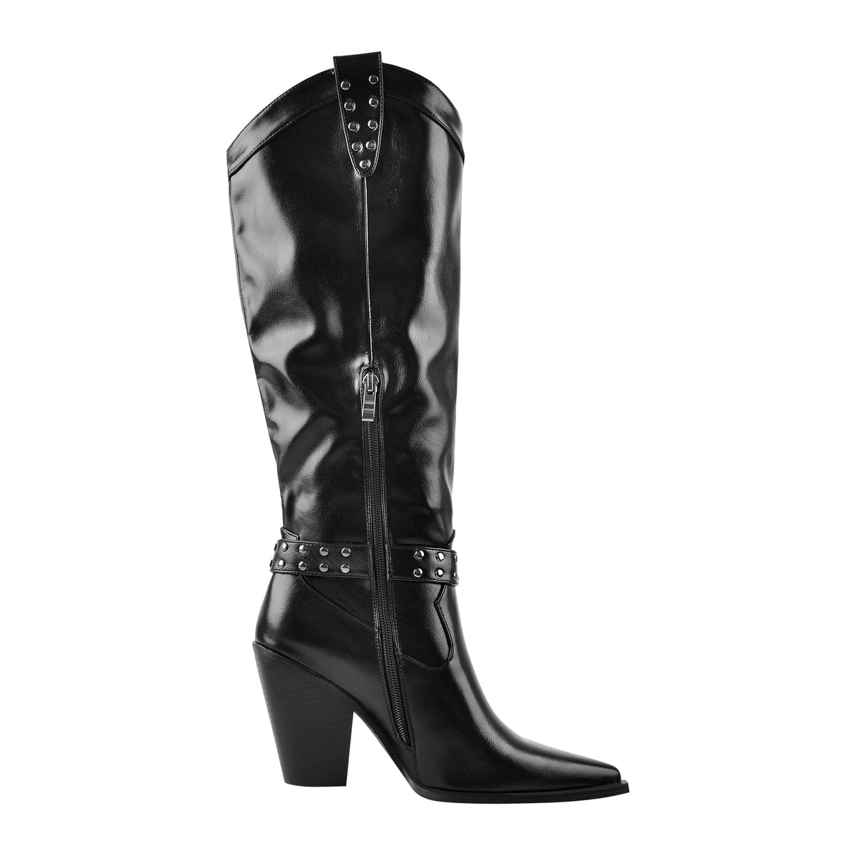 Black Pointed Toe Rivet Belt Cowboy Zipper Boots - Onlymaker Discount