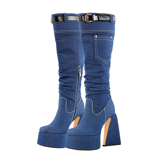 Denim Square Toe Chunky Heel Platform Boots - Onlymaker Best Seller