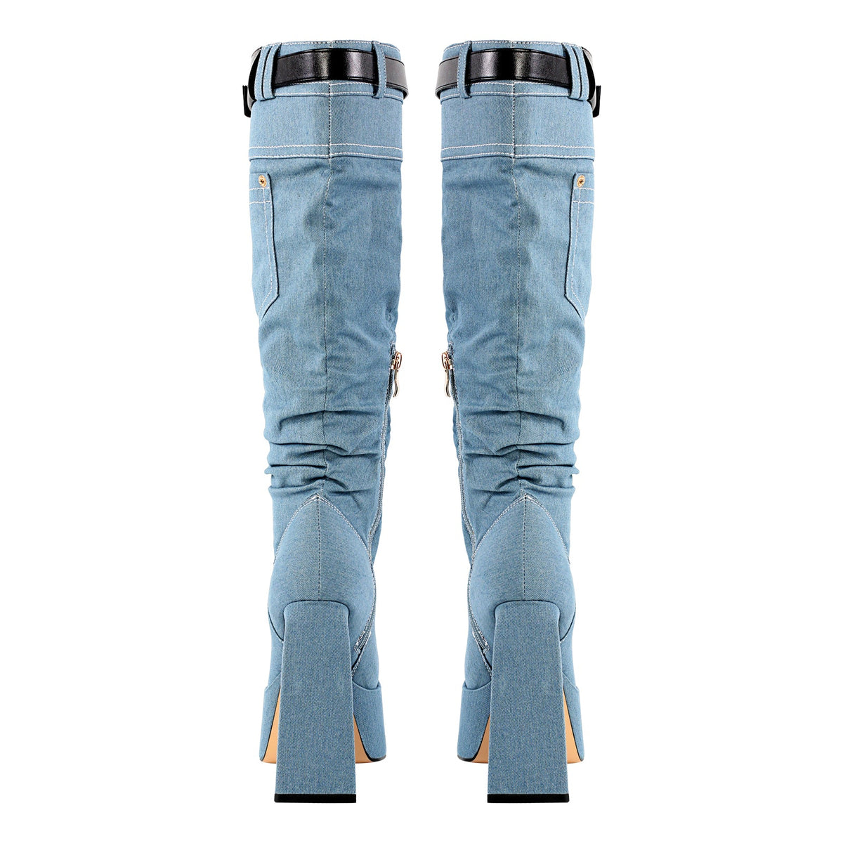 Denim Square Toe Chunky Heel Platform Boots - Onlymaker Best Seller