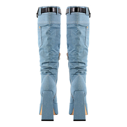 Denim Square Toe Chunky Heel Platform Boots - Onlymaker Best Seller