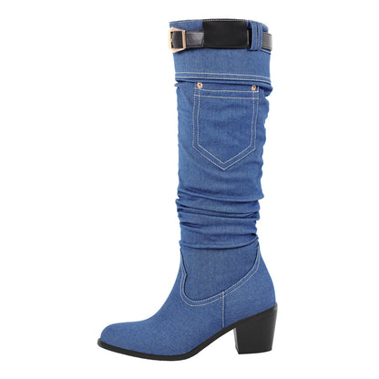 Denim Round Toe Chunky Heel Thigh Boots - Onlymaker Great Value