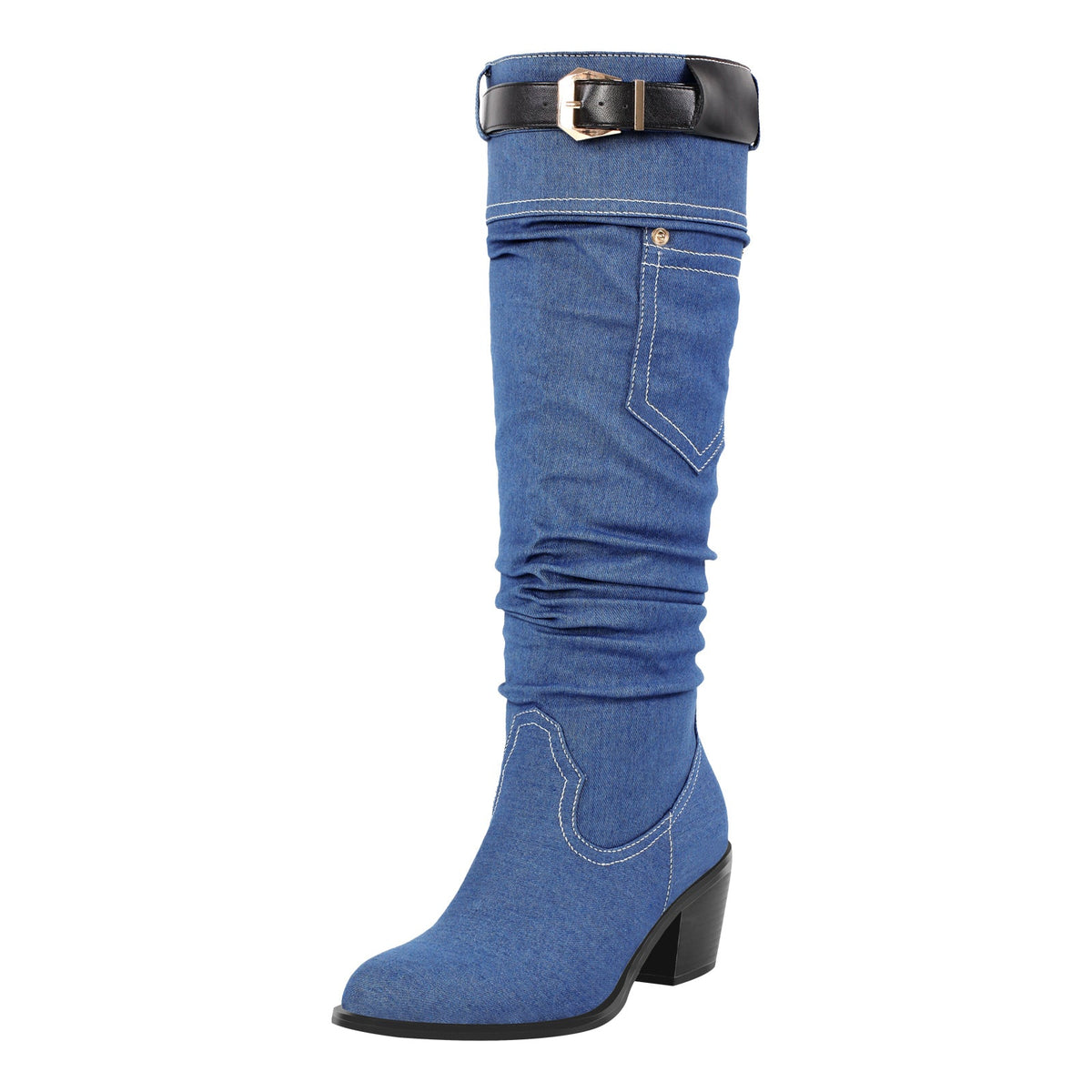 Denim Round Toe Chunky Heel Thigh Boots - Onlymaker Great Value