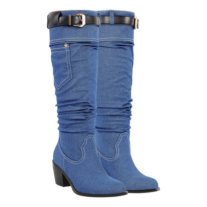 Denim Round Toe Chunky Heel Thigh Boots - Onlymaker Great Value