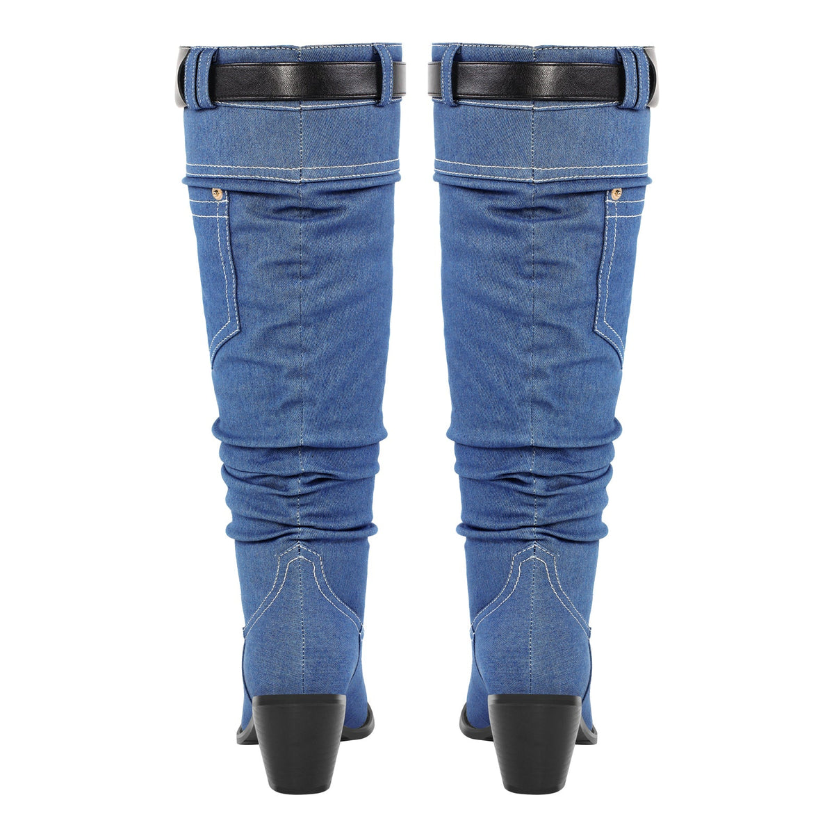 Denim Round Toe Chunky Heel Thigh Boots - Onlymaker Great Value