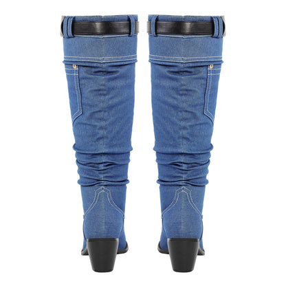 Denim Round Toe Chunky Heel Thigh Boots - Onlymaker Great Value