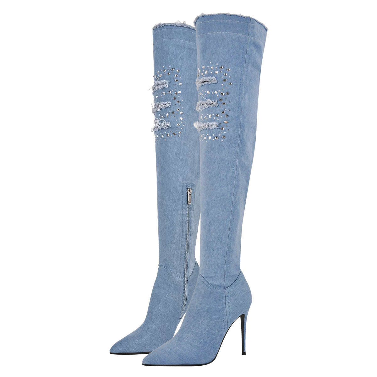 Denim Pointed Toe High Stiletto Over The Knee Boots - Onlymaker Best Seller