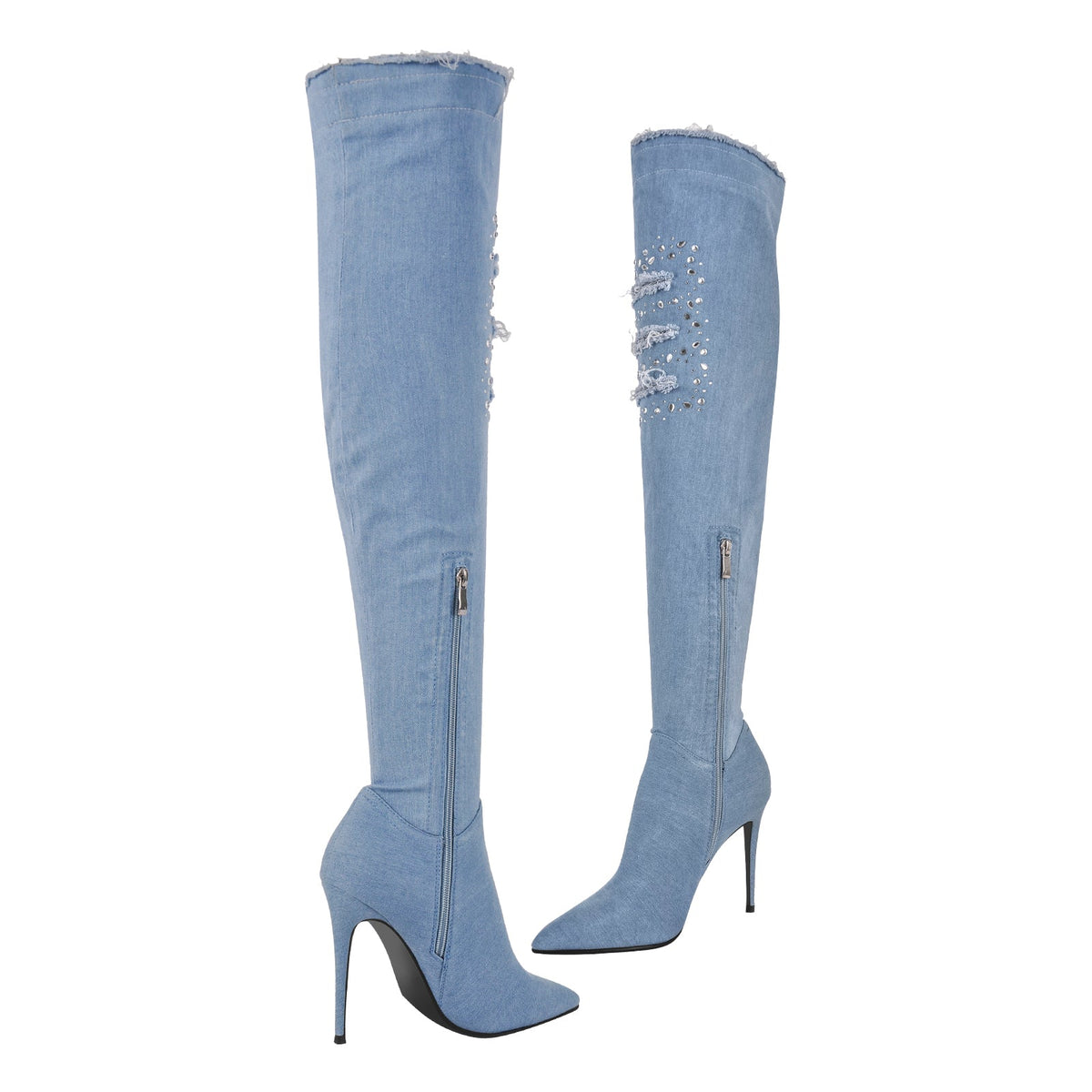 Denim Pointed Toe High Stiletto Over The Knee Boots - Onlymaker Best Seller